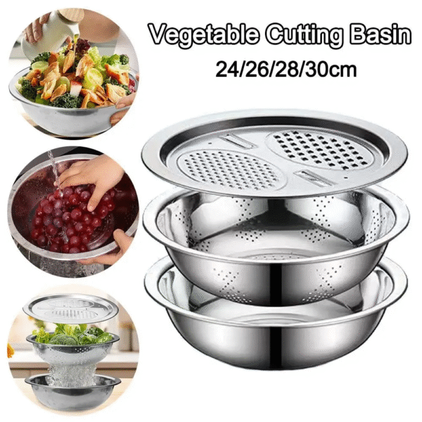 3 in1 Stainless Steel Bowl Set Strainer & Grater Bowl